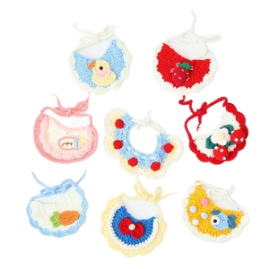 Handmade crochet pet bib set with 8 cute cartoon patterns including strawberry and duck