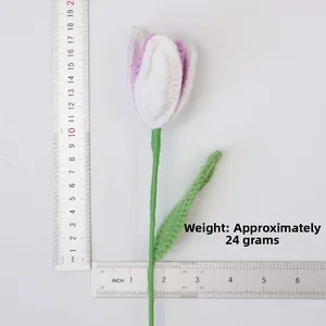 Macro detail of handmade crochet tulip showing 20cm length and 24g product weight