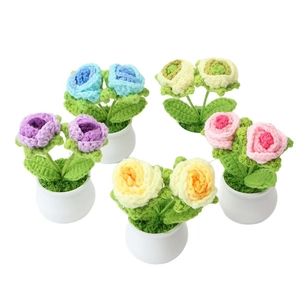 Handmade crochet rose flower pots in five colors for office and home desktop decor