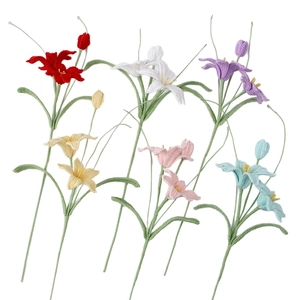 Handmade crochet rain lily set in six colors for elegant home decor and flower arrangements