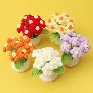 Handmade Crochet Potted Flower Yarn Knitted Puff Flower Desktop Ornament Cute Home Office Table Decor Gift