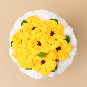 Handmade crochet sunflower bouquet with white fluffy knit wrapping for gifts