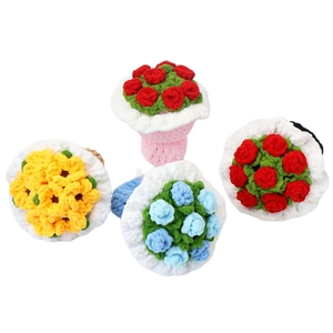 Handmade knitted sunflower bouquet with vibrant red yellow blue yarn flowers