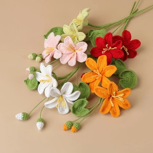 Handgefertigter Häkelblumenstrauß mit bunten Blüten und Blättern für die Heimdekoration