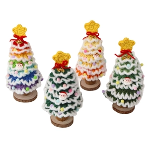 Handmade crochet Christmas tree set with colorful bells and wooden base for home decor