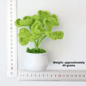 Detailed view of handmade crochet clover plant in white pot showing size and 49g weight