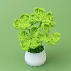 Handmade crochet clover plant in white ceramic pot for home and office tabletop decor