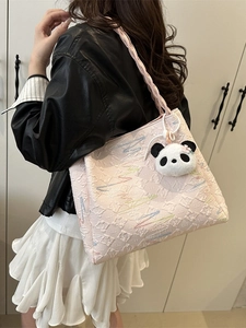 Pink jacquard tote bag with wave texture and cute panda pendant for casual style