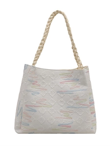 White canvas tote bag with colorful wave embroidery and braided handles on white background