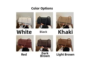 Color options overview for woven shoulder bags in black, white, khaki, red, and brown
