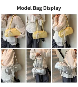 Vistas detalladas de bolsos de hombro estilo ballet con lazos de encaje y perlas