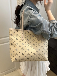 Large beige tote bag with bear print for daily commute, minimalist high-end shoulder bag