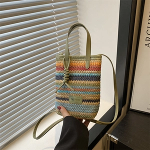 Strohgeflecht Handy Tasche Bunte Gestreifte Umhängetasche Mini Handtasche Damen Sommerurlaub Casual PU Leder