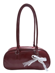 Bolso de hombro estilo ballet burdeos brillante con lazo de perlas decorativo