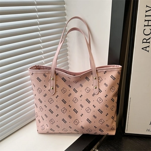 Women Large Capacity Tote Bag PU Leather Cartoon Bear Print Shoulder Bag Zipper Commuter Handbag
