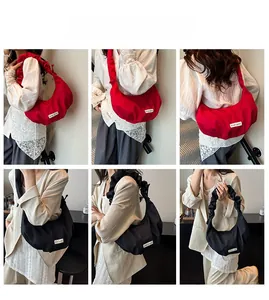 Detailed views of red and black pleated croissant bags showing multiple styling angles