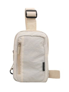Minimalist beige nylon crossbody bag with fashion tag on a clean white background