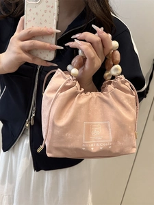 Sac à main rose à cordon avec poignée en perles et logo d'ours pour femmes