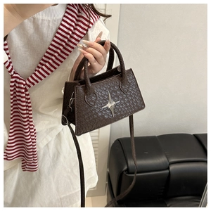 Detail of brown crocodile pattern handbag featuring a silver star buckle and dual handles