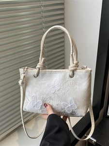 Women Lace Bucket Bag Butterfly Embroidery 3D Applique Knotted Handle Trendy Summer Handbag Crossbody Shoulder Bag