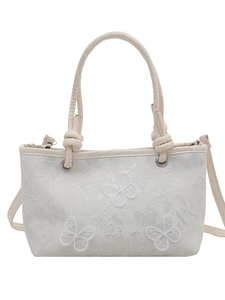 Elegant white bucket bag with 3D lace butterflies and knot handle for summer fashion