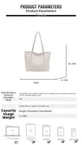 Detailed size comparison of a white PU leather tote bag with diverse electronic devices
