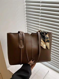 Women Fashion PU Leather Large Capacity Tote Bag With Decorative Satin Scarf Minimalist Retro Shoulder Bag Casual Commuter Handbag