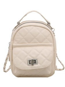 Quilted beige mini backpack with chain straps and silver twist lock in classic style