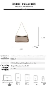 Size chart showing handbag dimensions 28x14.5x6cm with capacity for phone and makeup