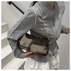 Detail of transparent PVC crossbody bag with brown leather trim and gold chain strap