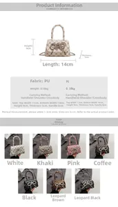 Size chart for mini bow handbag showing dimensions 14x9x5cm and multi-color material options