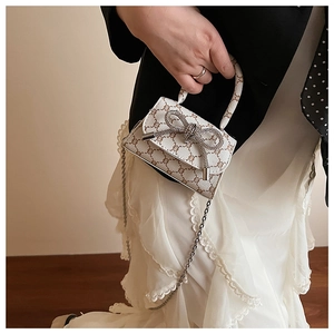 Detail of a mini monogram handbag with a large rhinestone bow and gold chain strap