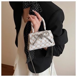 Close-up of mini bow handbag with vintage monogram and sparkling rhinestone buckle