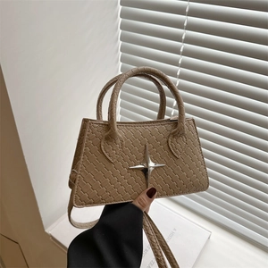 Women PU Leather Handbag Crossbody Bag Woven Texture Silver Star Buckle Minimalist Trapezoid Shoulder Bag For Daily Fashion