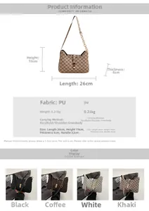 Size chart showing 26cm black PU leather shoulder bag dimensions and color options