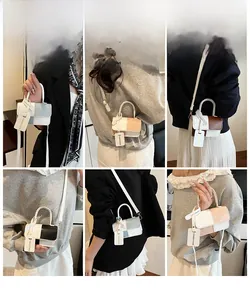 Detailed views of mini chain crossbody bags showing various colors and styling options