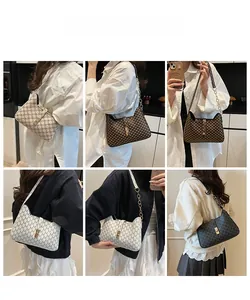 Various French retro print shoulder bags with chain straps shown on models in a collage