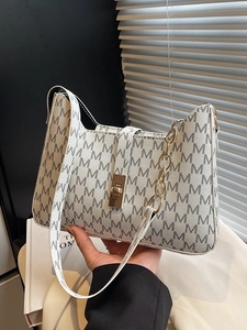 French Retro Monogram Print Underarm Bag Synthetic Leather Chain Strap Metal Lock Fashion Women Shoulder Bag Daily Handbag