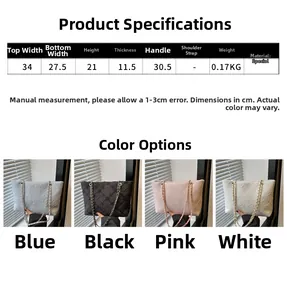 Detailed size chart showing dimensions for a quilted chain tote bag with textile texture