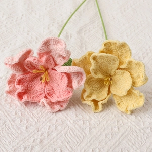Handmade crochet flowers in pink and yellow with green stems on white lace background