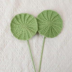 Macro view of handmade crochet green lotus leaf decor with detailed radial knit texture