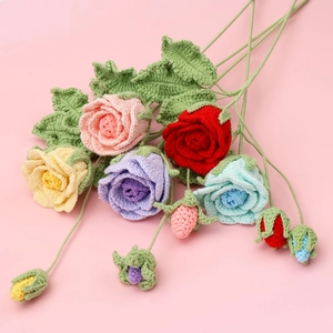 Handmade crochet rose bouquet with colorful knitted flowers for romantic home decoration