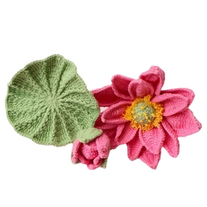 Handmade crochet lotus bouquet including pink blossom, bud and green leaf decor