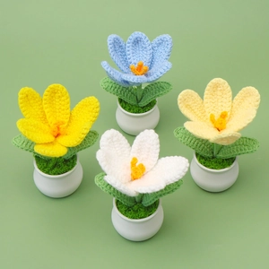 Handmade crochet tulip potted plant set in blue, yellow, white with white ceramic pots