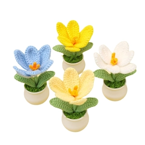 Handmade crochet tulip potted plants in four colors with minimalist white ceramic bases