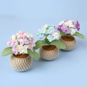 Handmade crochet hydrangea potted flowers with pearl accents for home table decor