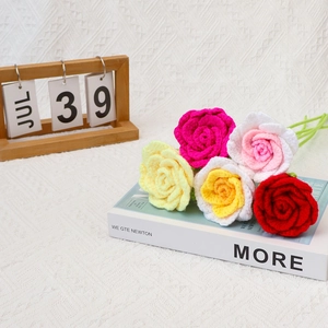 Handmade crochet rose bouquet with five colorful knitted flowers on a white background