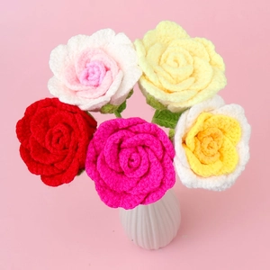 Handmade crochet rose bouquet in white striped vase for home decor, five colorful flowers