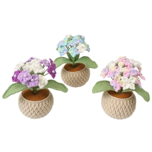 Handmade crochet hydrangea potted plants with pearls, 3-piece floral home decor set