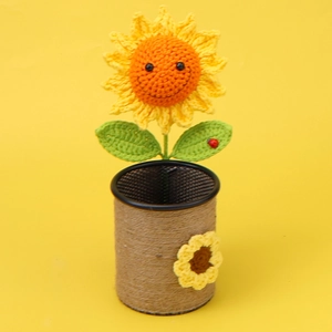 Handmade crochet sunflower pen holder with ladybug decor and natural rope base